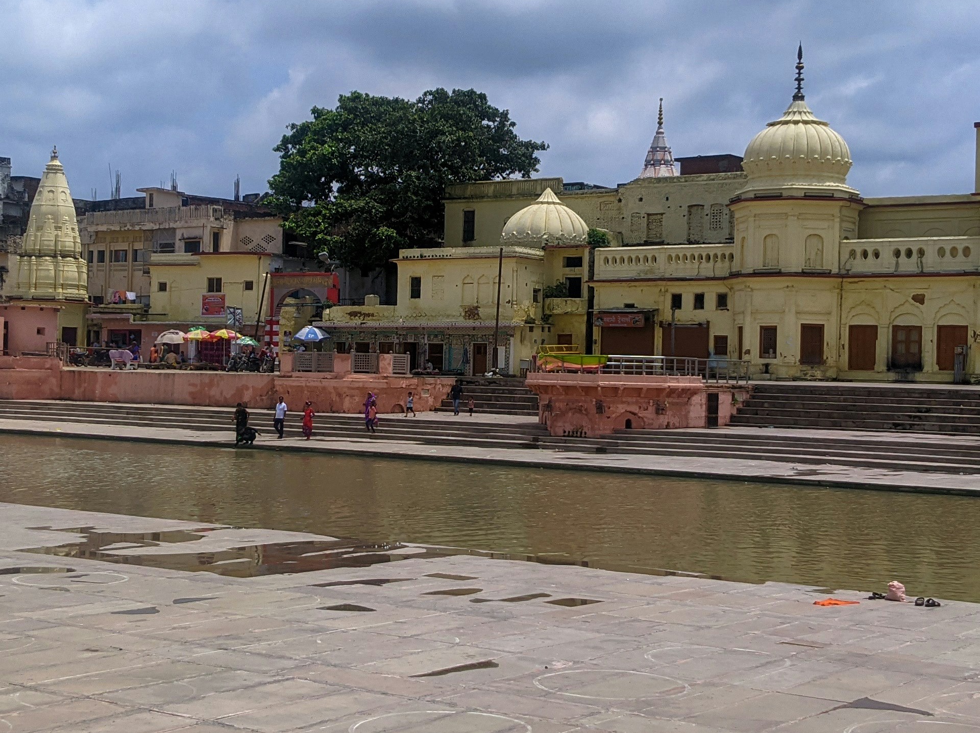 Ayodhya — Sarayu bank at dusk, lamps on the water