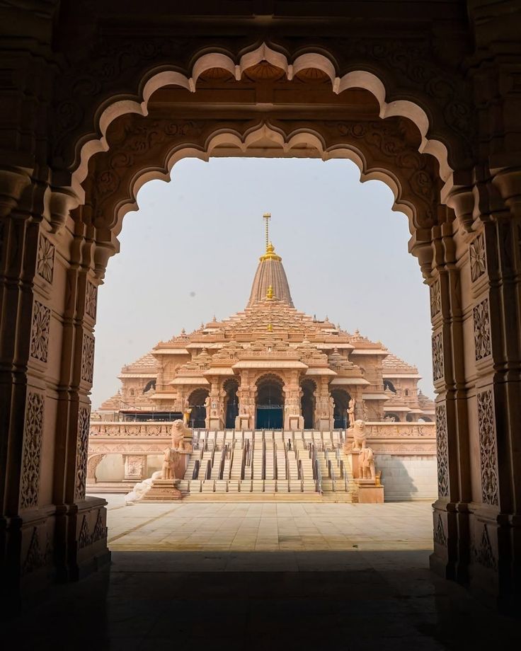 The Ram Janmabhoomi temple — carved sandstone pillars and spires above the pilgrim approach