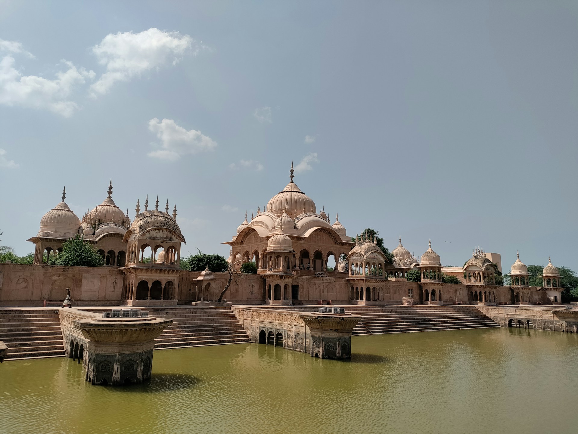 Mathura — Yamuna ghat, temple steps in evening light