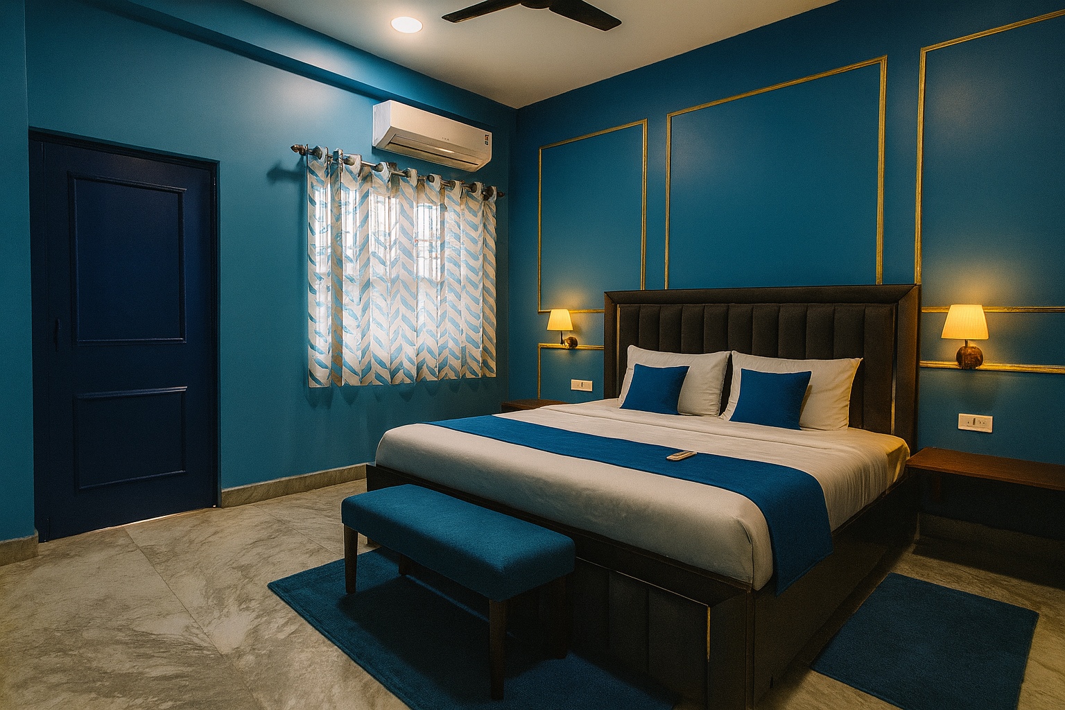 Boutique, Varanasi: teal bedroom with gold wall mouldings, dark tufted headboard, blue cushions and runner, upholstered bench at the foot of the bed