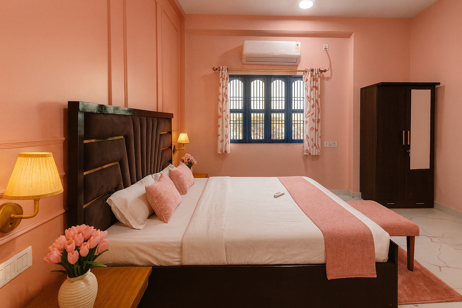 Boutique, Varanasi: blush pink bedroom with a carved dark headboard, tulips on the bedside table and an arched blue-framed window behind sheer floral curtains
