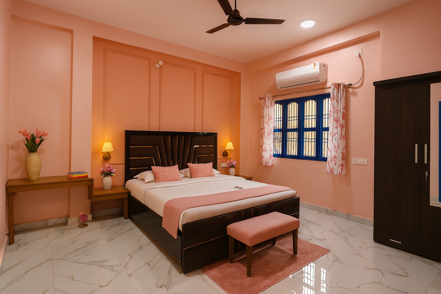 Boutique, Varanasi: pink room with panelled walls, twin shaded lamps, a writing bench, dark wardrobe and an arched window above the marble floor