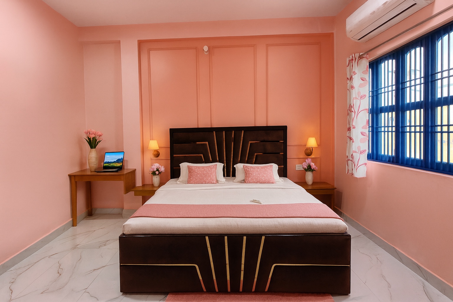 Boutique, Varanasi: pink bedroom seen head-on, fan-patterned headboard with brass inlay, a desk with a laptop at the side and daylight through the blue barred window