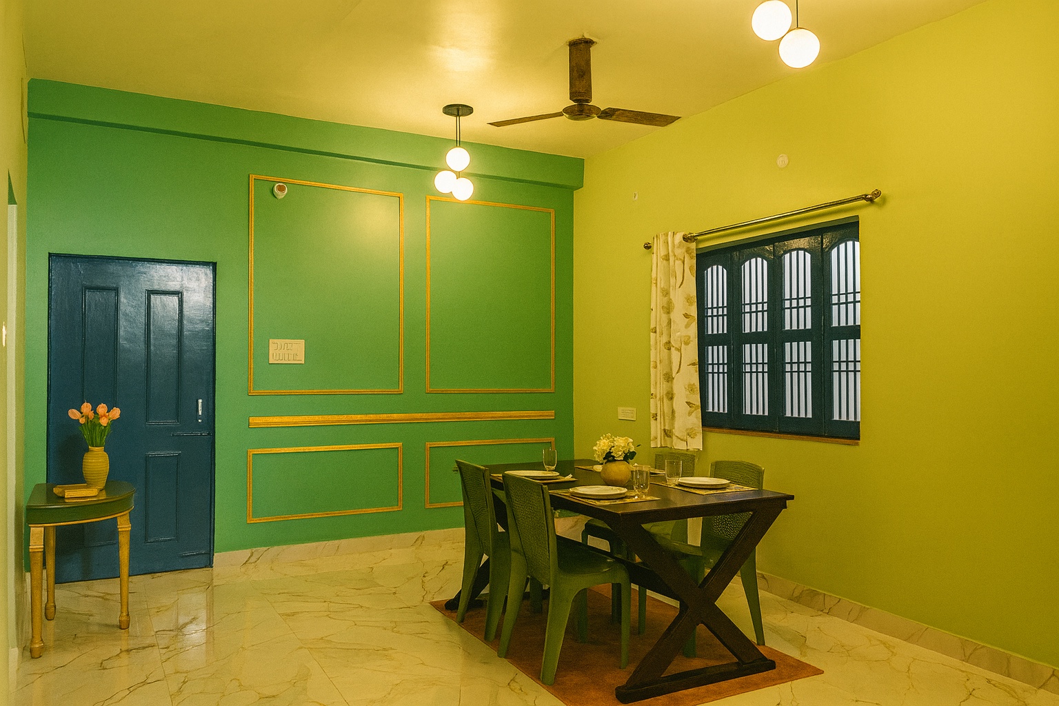 Boutique, Varanasi: the same dining room from the doorway, ceiling fan and pendant lights, arched window and a teal-painted door