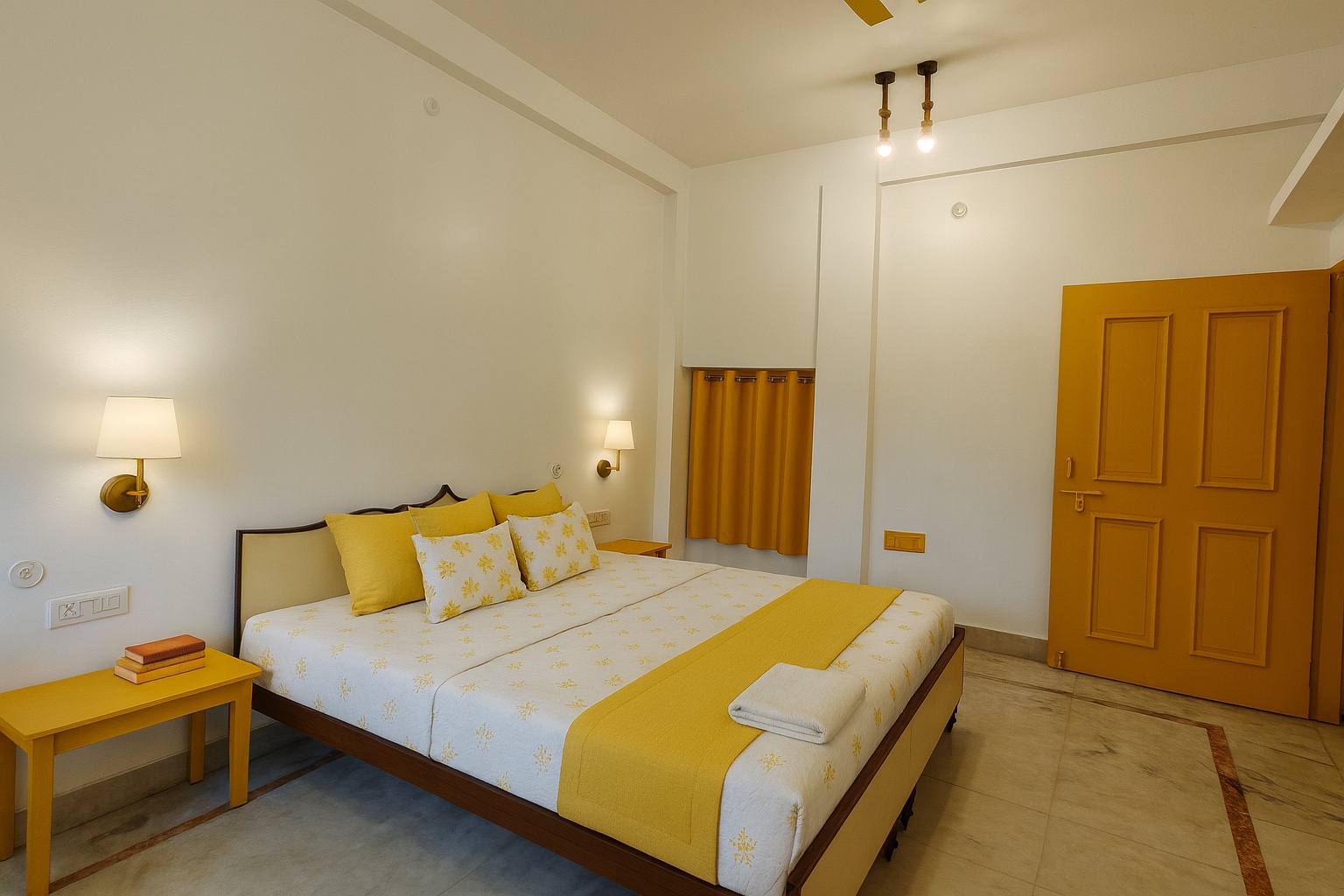 Minimilist, Varanasi: second bedroom in the same yellow-and-white scheme, carved headboard between two sconces, books stacked on a saffron side table beside a tall panelled door