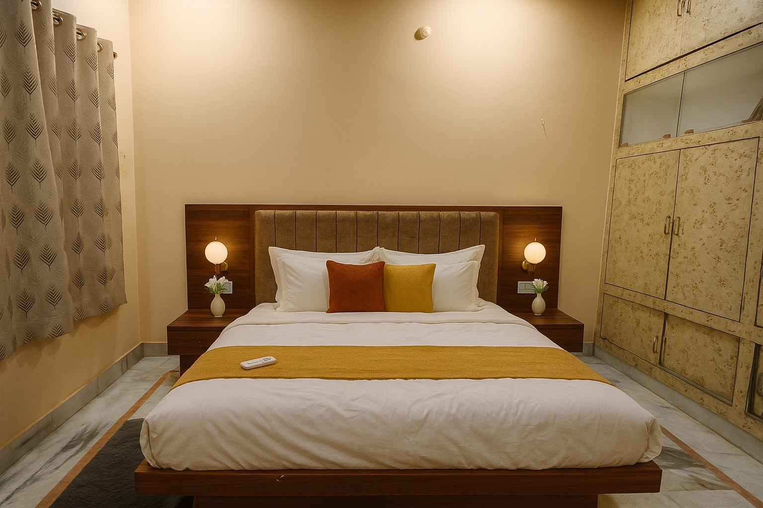 Pratham, Varanasi: bed centred between two globe reading lamps and fresh lilies, cream wardrobe wall alongside, marble floor with a stone border