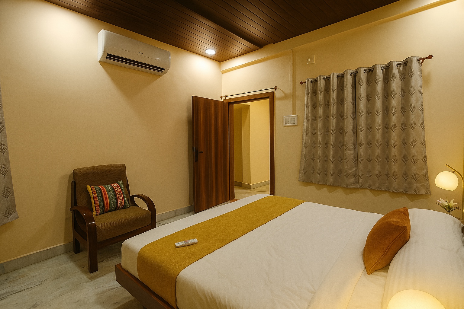 Pratham, Varanasi: corner bedroom with a cushioned armchair, air conditioning, wood-panelled ceiling and a curtained window beside the open door