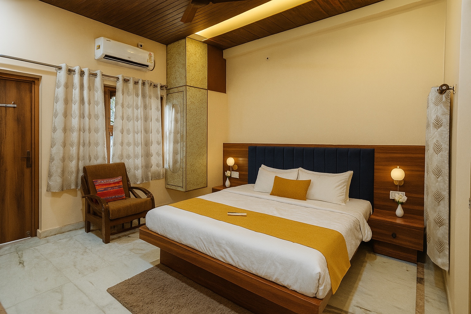 Pratham, Varanasi: bed with a deep blue headboard under a coved wooden ceiling, armchair by the window and a rug on marble flooring