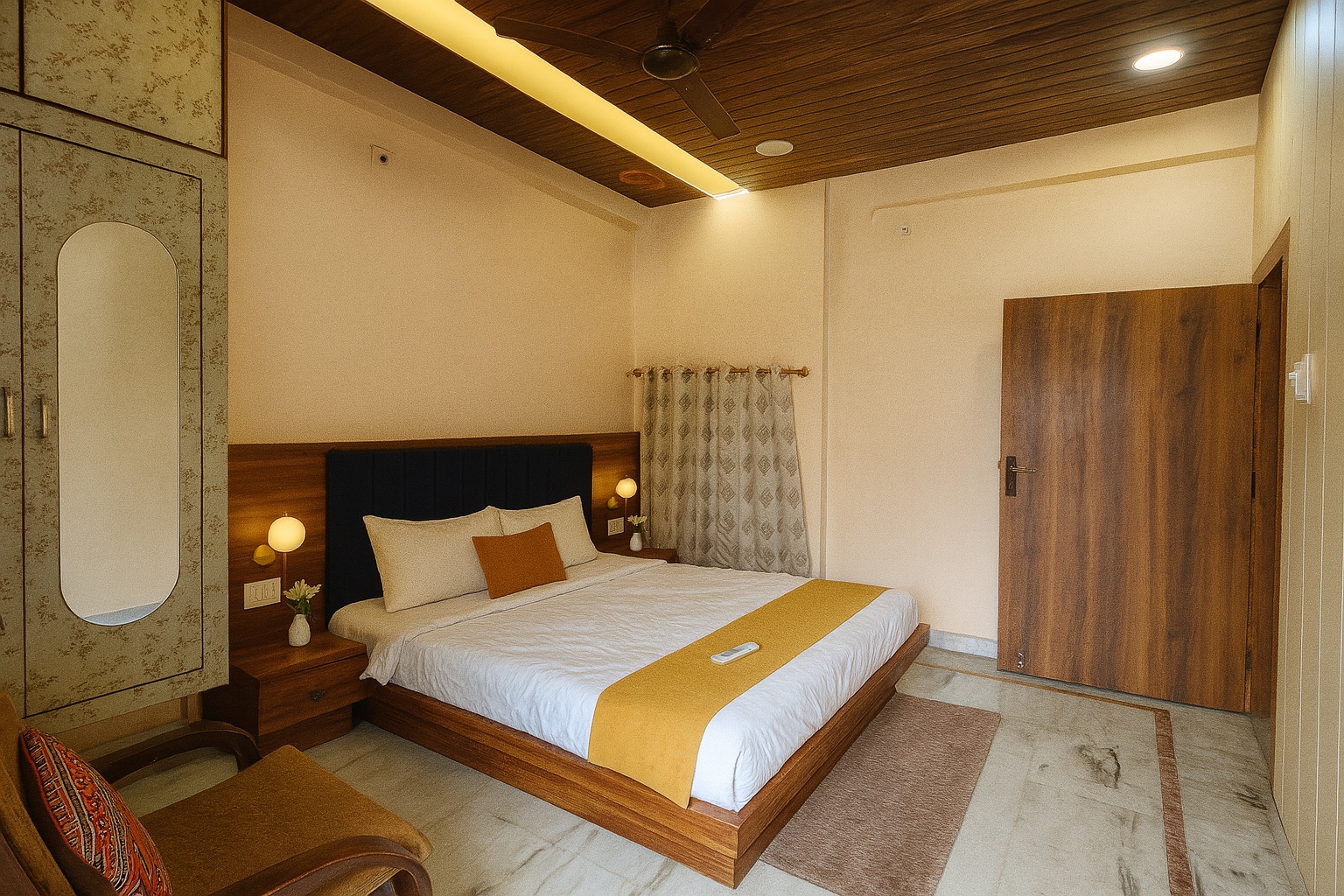 Pratham, Varanasi: wide bedroom with a full-length mirrored wardrobe, blue upholstered headboard, bedside lamps and a rug by the door
