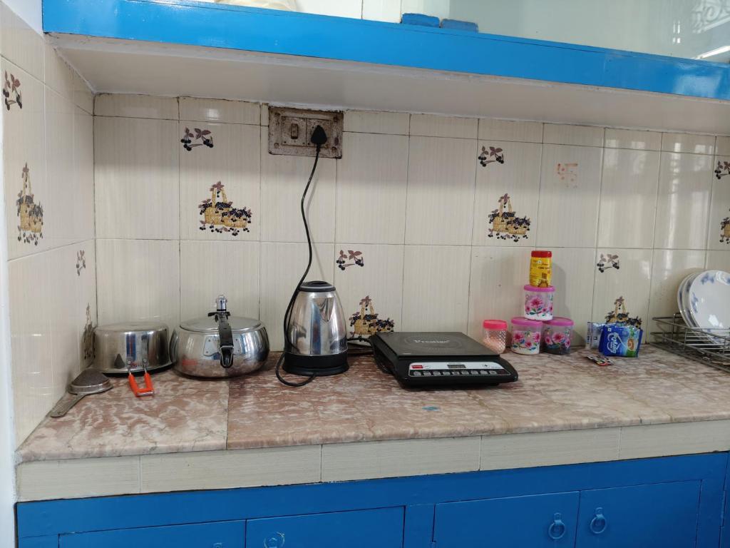 Santorini, Varanasi: kitchen counter with an induction hob, steel kettle and pressure cooker, spice jars and plates draining beside blue cabinets